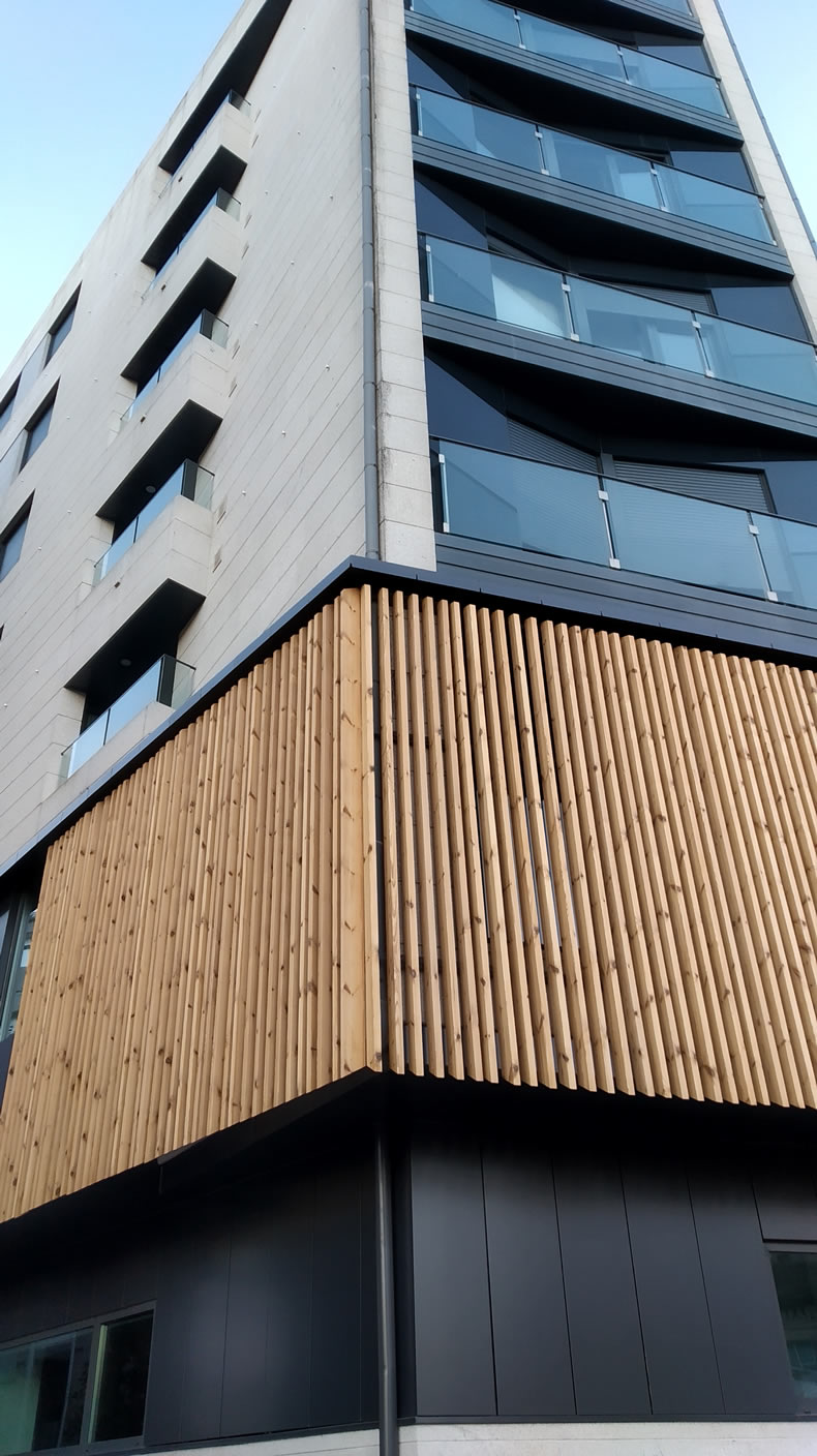 Imagen principal de la fachada que combinación composite y ornamentación en madera