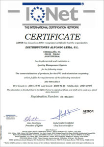 Certificado Calidad ISO 9001 IQNET Distribuciones Alfonso Lema S.L. 2015 - 2023